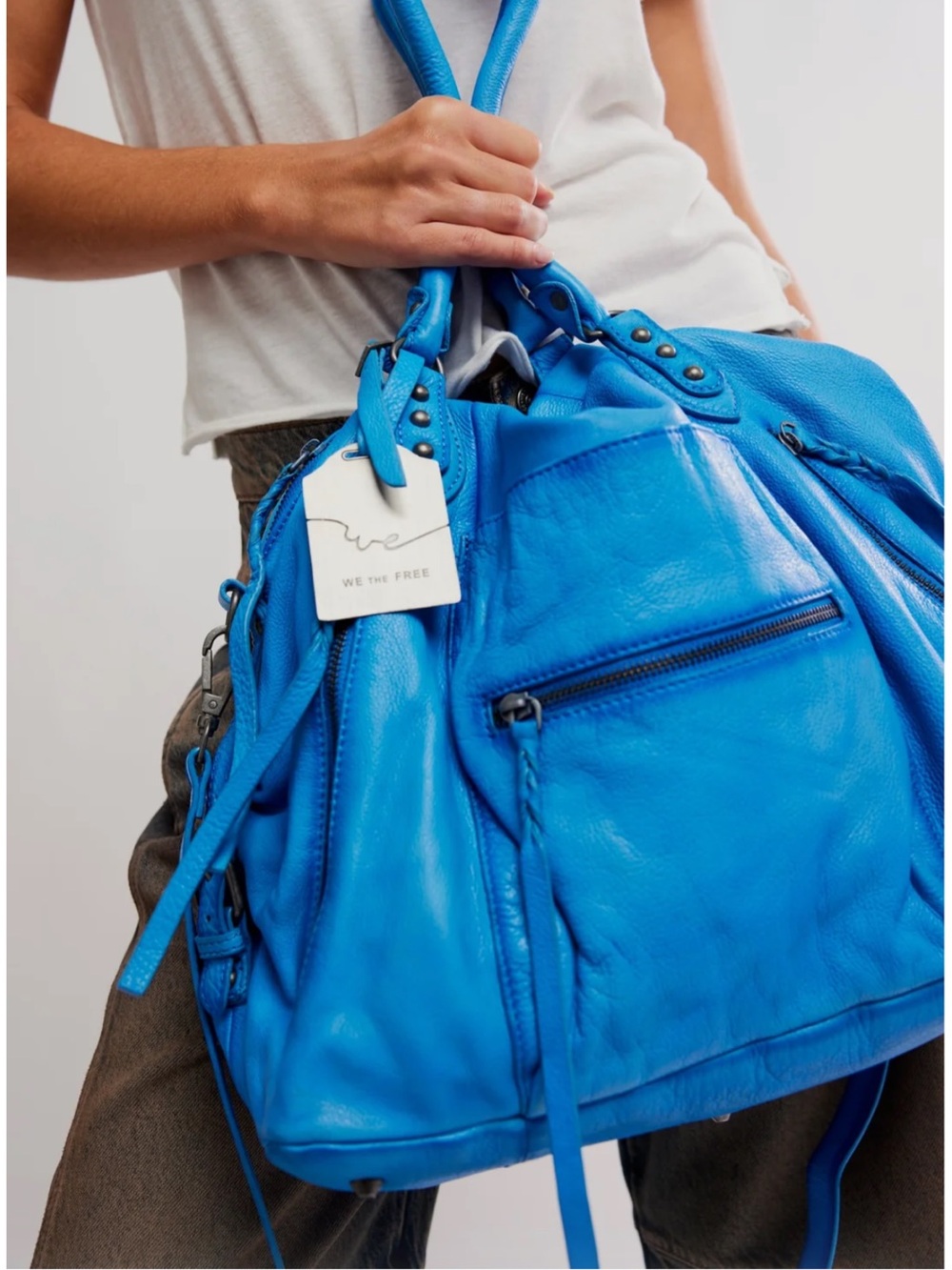 We The Free Bright Blue Leather Tote sapphire large Emerson bag NWT free People